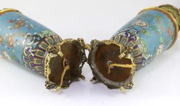 A pair of Chinese cloisonné enamel vases, 19th century with French gilt bronze lamp mounts